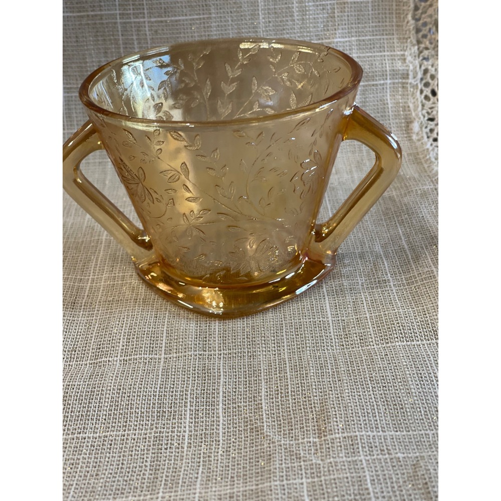 Jeanette Glass Iris and Herringbone Sugar Bowl Marigold Carnival Amber Excellent